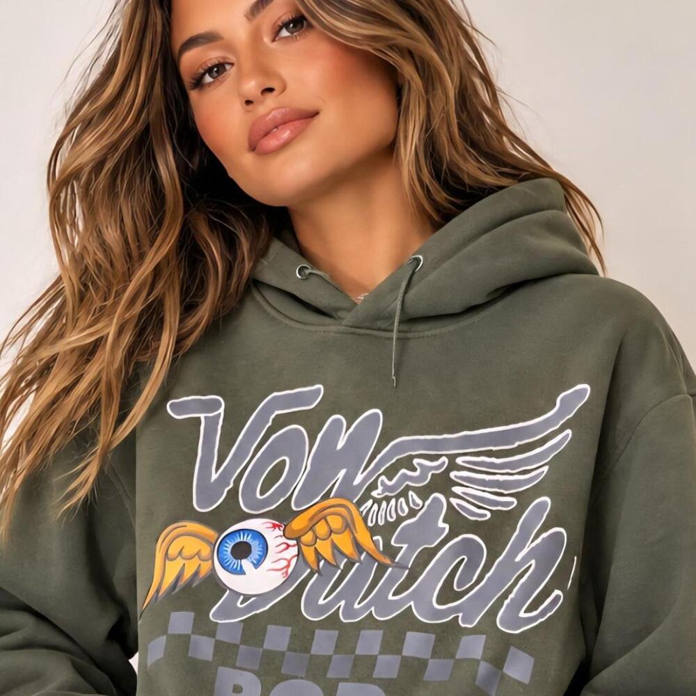 Vintage Von Dutch Y2K Winged Eyeball Graphic Hoodie Olive Green